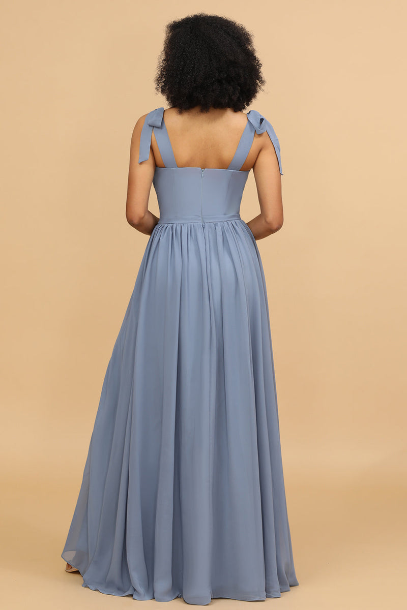 Indlæs billede til gallerivisning Grå blå spaghettistropper Lang Chiffon brudepige kjole med slids