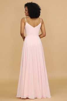 En linje Spaghetti stropper Pink Chiffon Lang brudepige kjole