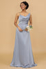 Indlæs billede til gallerivisning En linje asymmetrisk hals Grå blå satin lang brudepige kjole