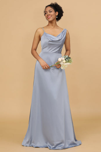 En linje asymmetrisk hals Grå blå satin lang brudepige kjole