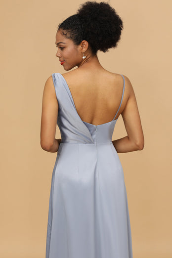 En linje asymmetrisk hals Grå blå satin lang brudepige kjole