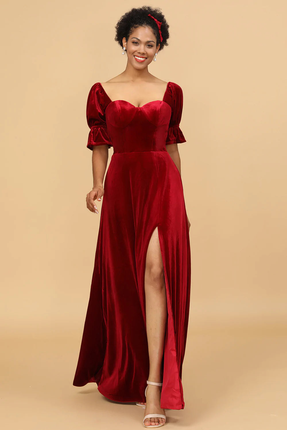 Rød fløjl halværmer Brudepige kjole med slids