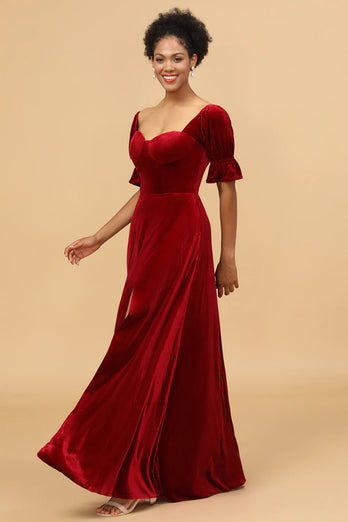 Rød fløjl halværmer Brudepige kjole med slids