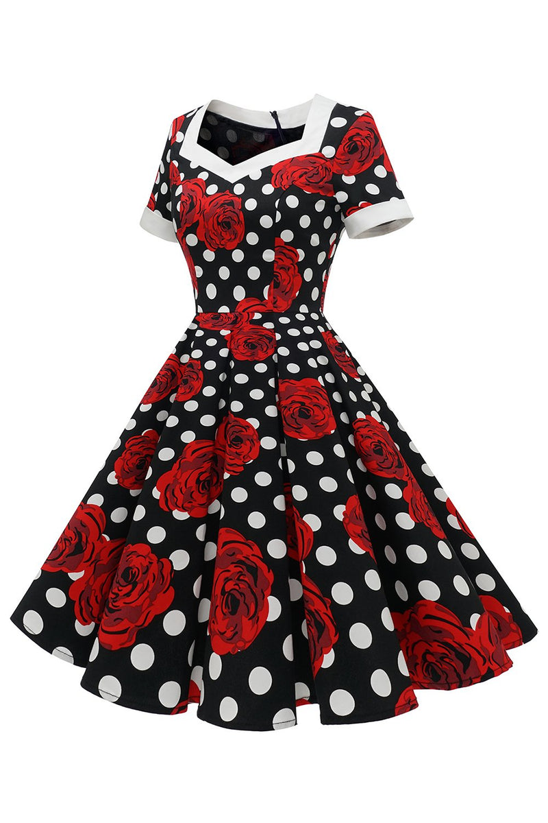 Indlæs billede til gallerivisning Hvide prikker rød blomster vintage kjole
