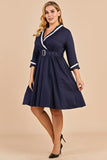 Navy Blue Vintage Plus Størrelse Wrap Dress