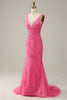 Indlæs billede til gallerivisning Havfrue dyb V-hals Hot pink lang gallakjole med åben ryg
