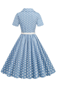 Hepburn Style V hals blå prikker 1950'erne kjole