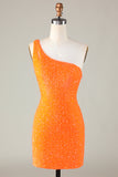 Pailletter One-shoulder orange stram perle kort hjemkomst kjole