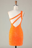 Pailletter One-shoulder orange stram perle kort hjemkomst kjole