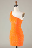 Pailletter One-shoulder orange stram perle kort hjemkomst kjole