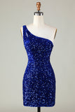 Pailletter One-shoulder Royal Blue Tight Beading Kort Homecoming Kjole