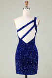 Pailletter One-shoulder Royal Blue Tight Beading Kort Homecoming Kjole