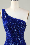 Pailletter One-shoulder Royal Blue Tight Beading Kort Homecoming Kjole