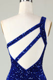 Pailletter One-shoulder Royal Blue Tight Beading Kort Homecoming Kjole