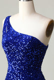 Pailletter One-shoulder Royal Blue Tight Beading Kort Homecoming Kjole