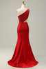 Indlæs billede til gallerivisning Havfrue One Shoulder Red Cut Out Prom Dress med perler