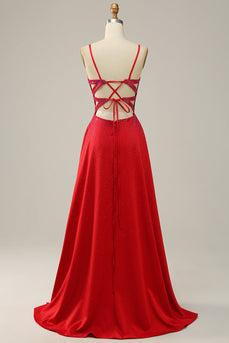 En linje rød spaghetti stropper beaded lang prom kjole