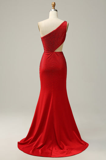 Havfrue One Shoulder Red Cut Out Prom Dress med perler