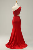 Havfrue One Shoulder Red Cut Out Prom Dress med perler