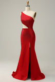 Havfrue One Shoulder Red Cut Out Prom Dress med perler