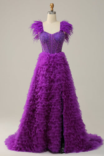 En Line Sweetheart Purple Long Prom Dress med perlefjer