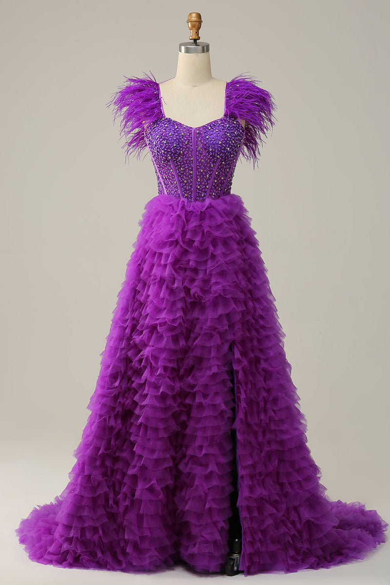 Indlæs billede til gallerivisning En Line Sweetheart Purple Long Prom Dress med perlefjer