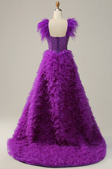 En Line Sweetheart Purple Long Prom Dress med perlefjer