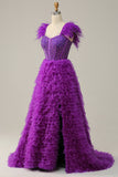 En Line Sweetheart Purple Long Prom Dress med perlefjer