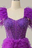 En Line Sweetheart Purple Long Prom Dress med perlefjer