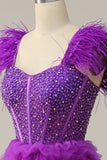 En Line Sweetheart Purple Long Prom Dress med perlefjer