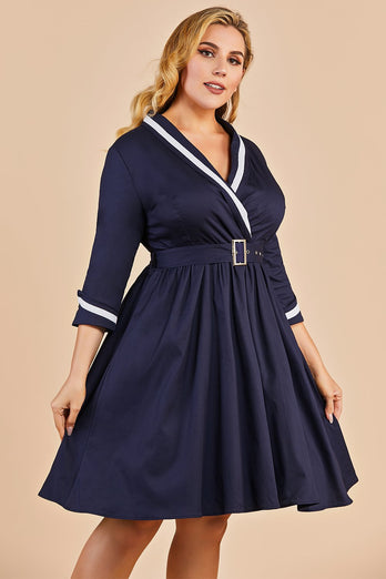 Navy Blue Vintage Plus Størrelse Wrap Dress