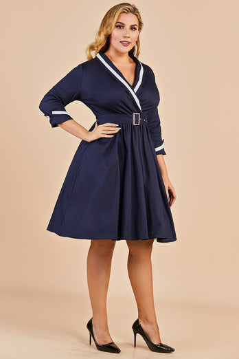 Navy Blue Vintage Plus Størrelse Wrap Dress