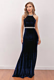 Navy Havfrue Fløjl Lang Prom Dress