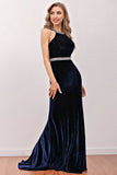 Navy Havfrue Fløjl Lang Prom Dress