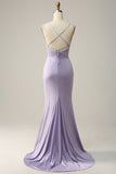 Havfrue Spaghetti Stropper Lilac Long Prom Kjole med delt front