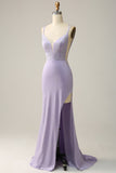 Havfrue Spaghetti Stropper Lilac Long Prom Kjole med delt front