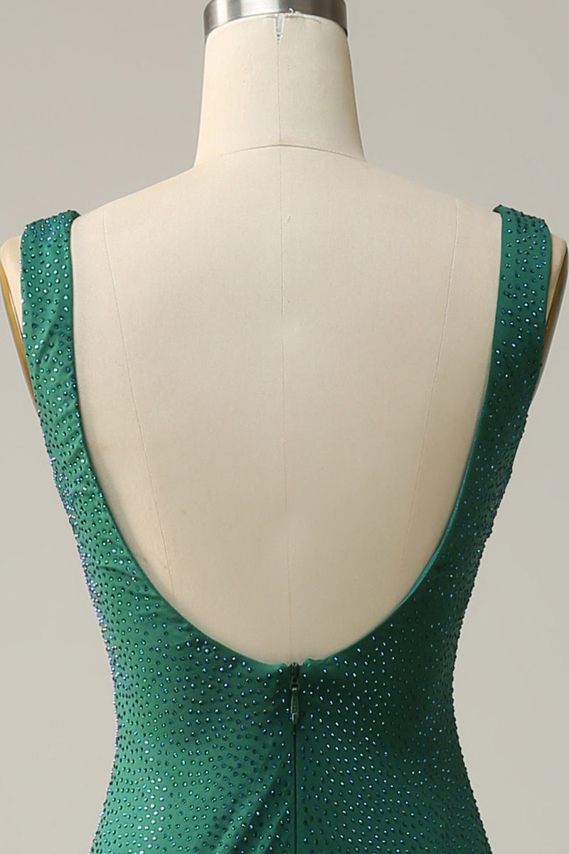 Indlæs billede til gallerivisning Havfrue V hals grøn lang gallakjole med perler