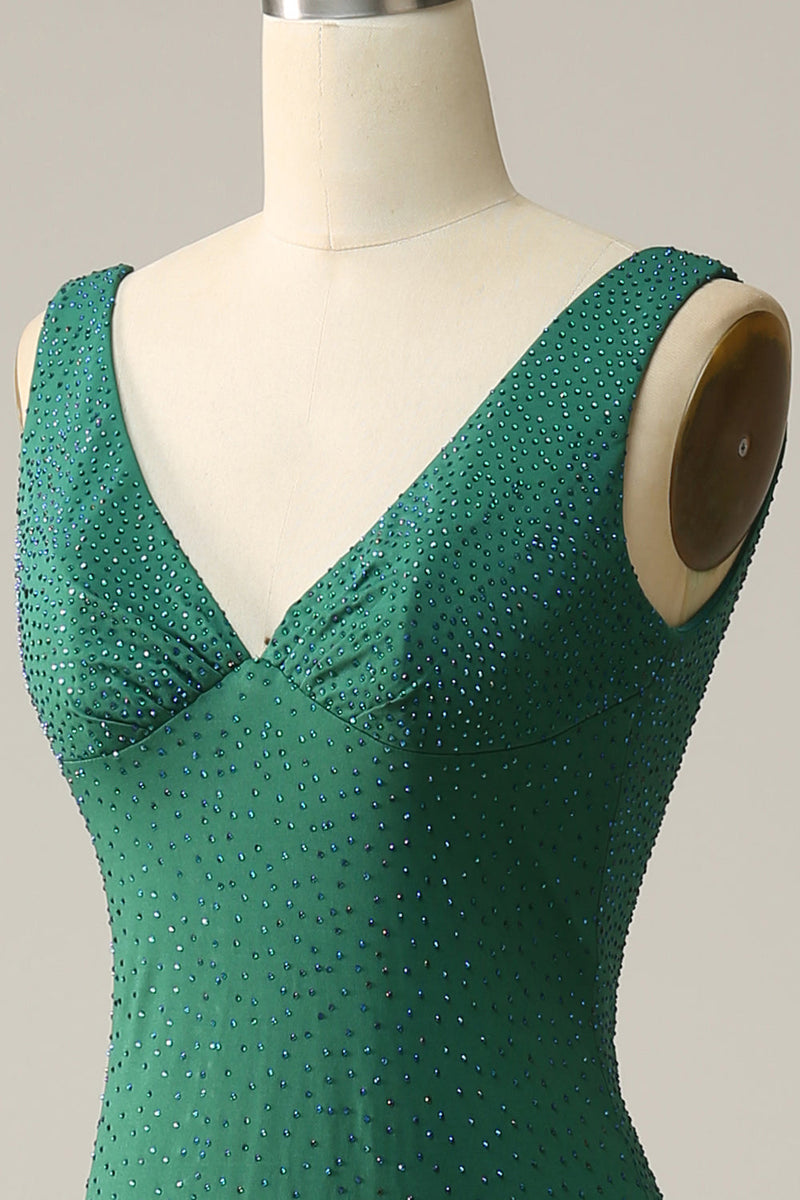 Indlæs billede til gallerivisning Havfrue V hals grøn lang gallakjole med perler