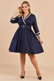 Navy Blue Vintage Plus Størrelse Wrap Dress