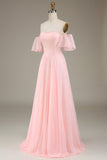 Blush pink A-line off the shoulder chiffon lang brudepigekjole