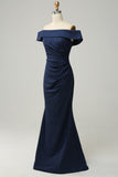 Navy Off The Shoulder Sparkly Sheath Long Brudepige Kjole