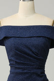 Navy Off The Shoulder Sparkly Sheath Long Brudepige Kjole