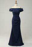 Navy Off The Shoulder Sparkly Sheath Long Brudepige Kjole