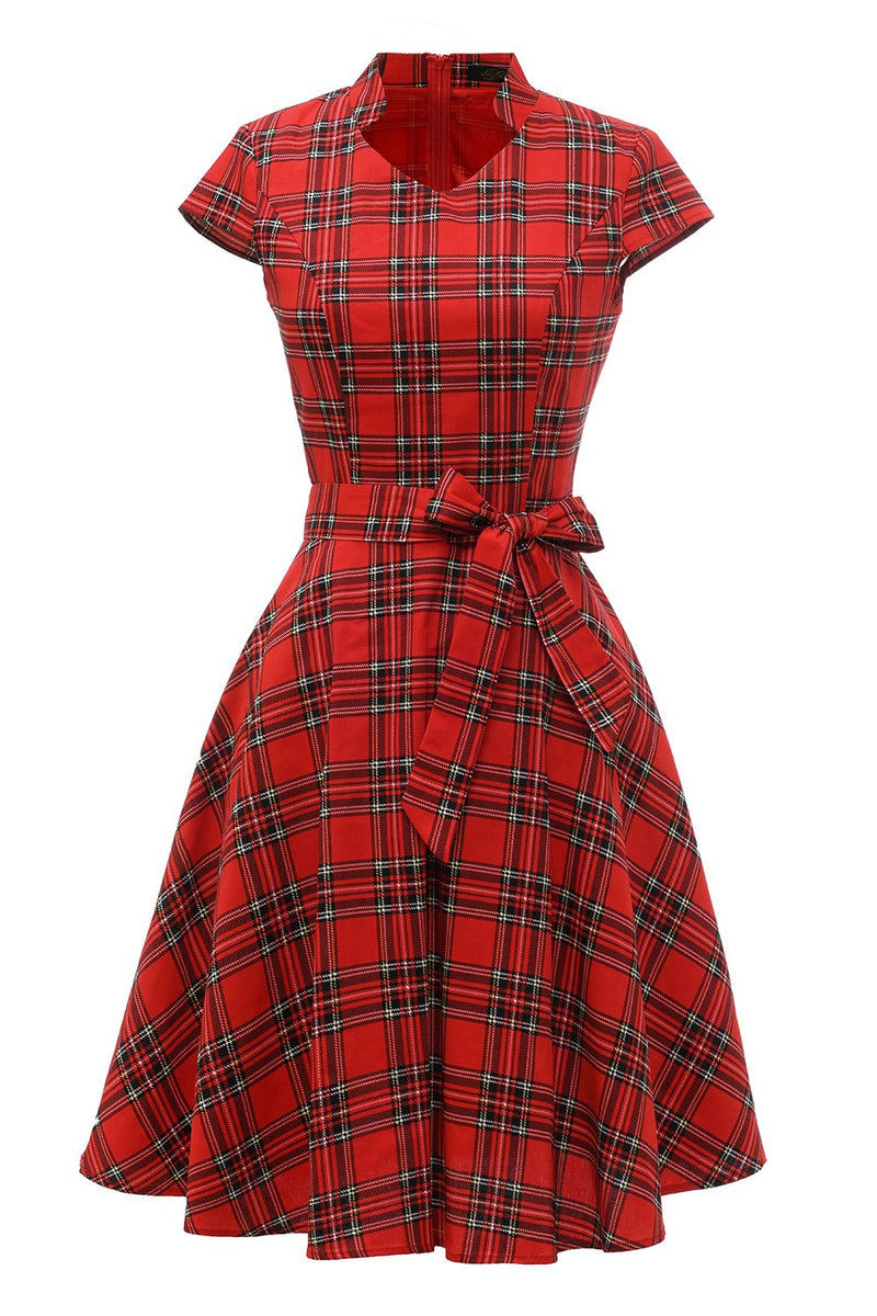 Indlæs billede til gallerivisning Rød Plaid Vintage Plus kjole med Bowknot