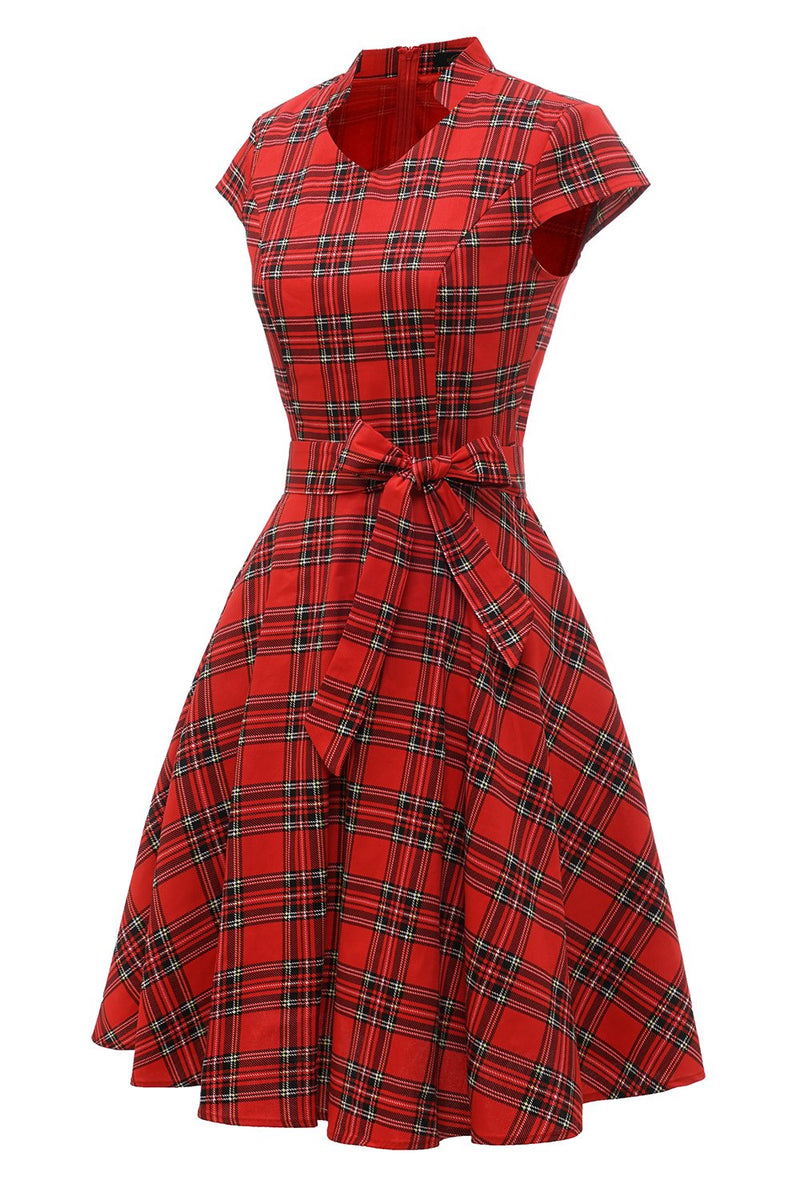 Indlæs billede til gallerivisning Rød Plaid Vintage Plus kjole med Bowknot