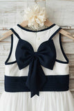 Navy Hvid Blomst Pige Kjole med Bowknot