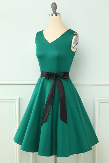 Grøn V Hals Vintage Kjole med ærmer