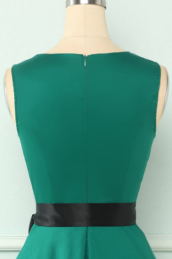 Grøn V Hals Vintage Kjole med ærmer
