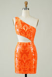 Orange One Shoulder Glitter Homecoming Kjole med hul udgang