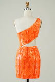 Orange One Shoulder Glitter Homecoming Kjole med hul udgang